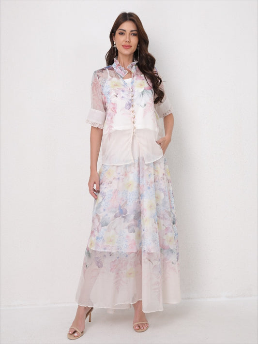 Lightweight Elegant Set Short Sleeve Blouse+Midi Skirt