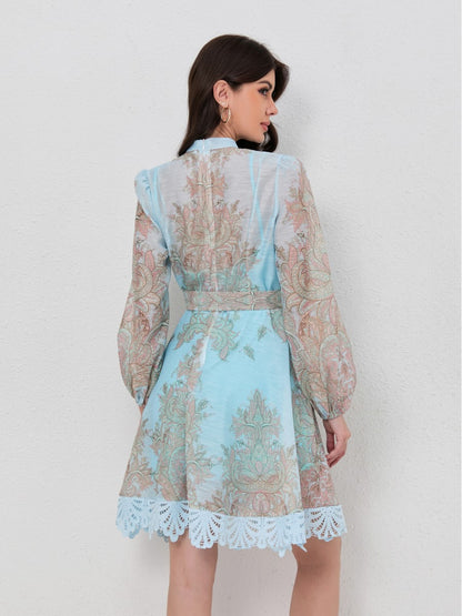 Bohemian Lantern Sleeve Print Lace Dress
