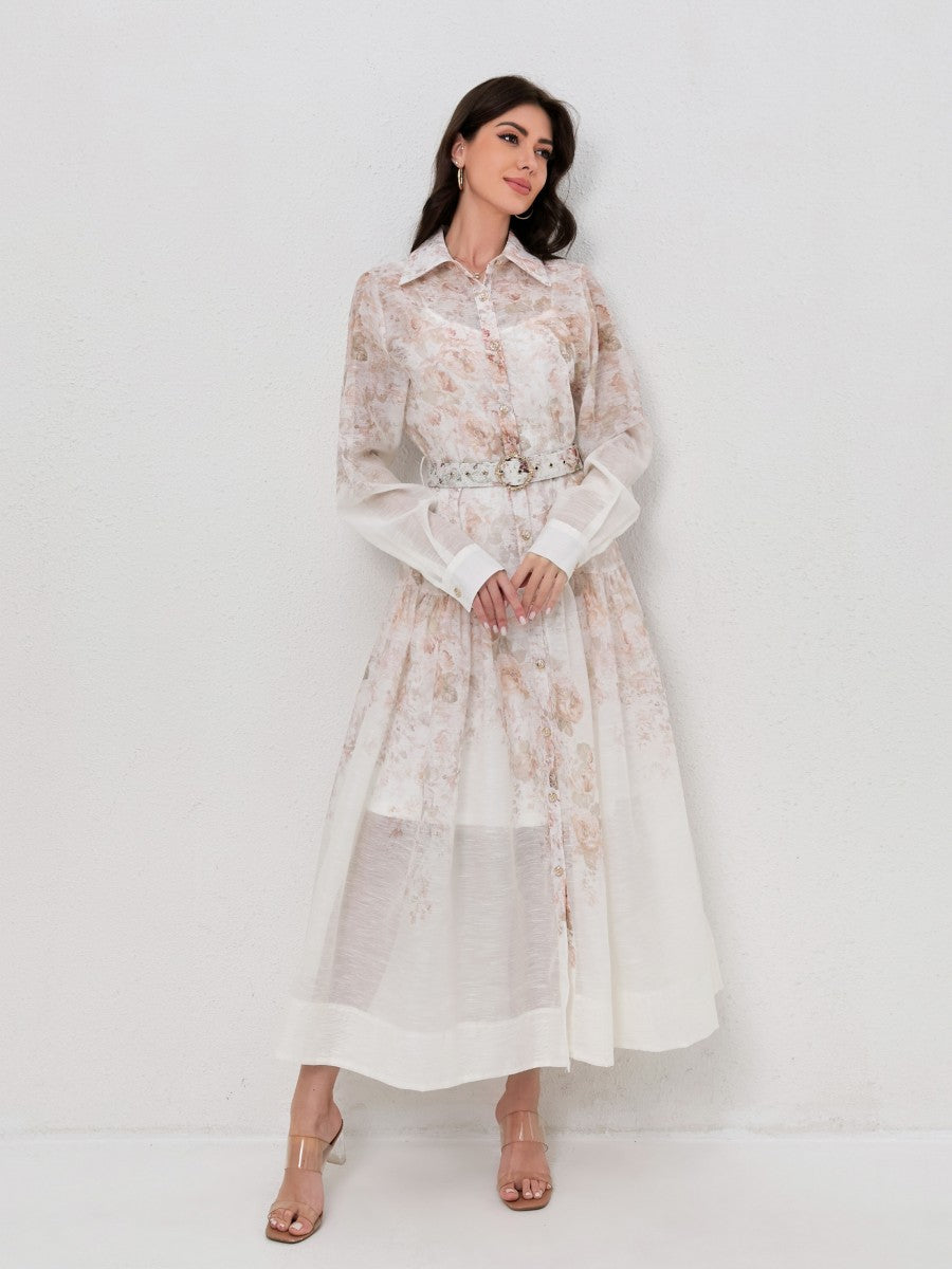 Classic Collared Long Sleeve Belted Print Dresses