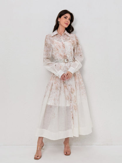 Classic Collared Long Sleeve Belted Print Dresses