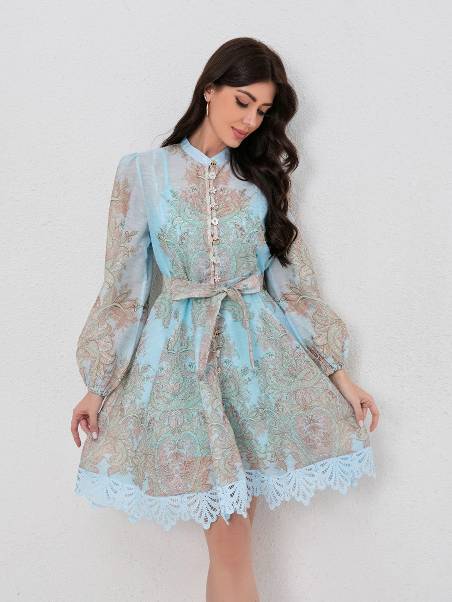 Bohemian Lantern Sleeve Print Lace Dress