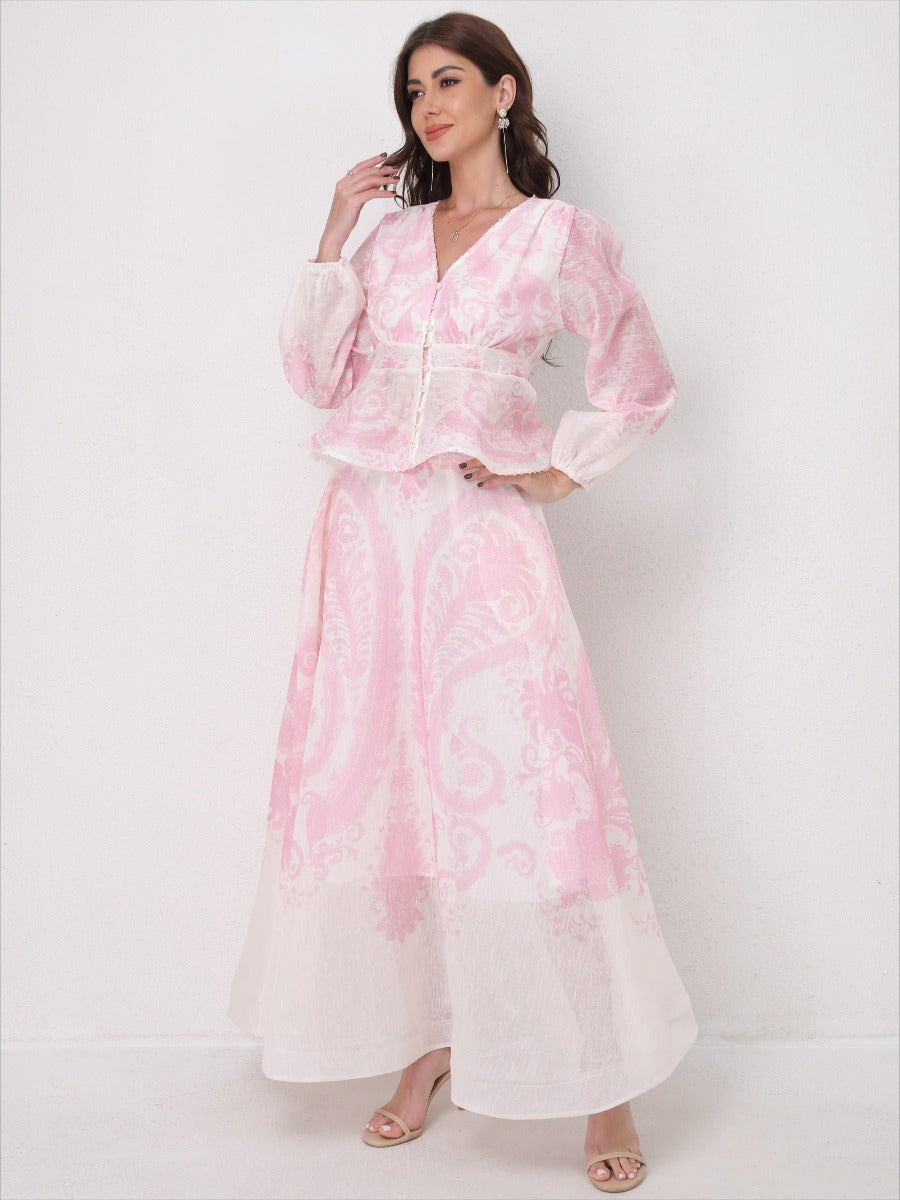 V-Neck Beaded Ruffle Top Midi Skirt Set