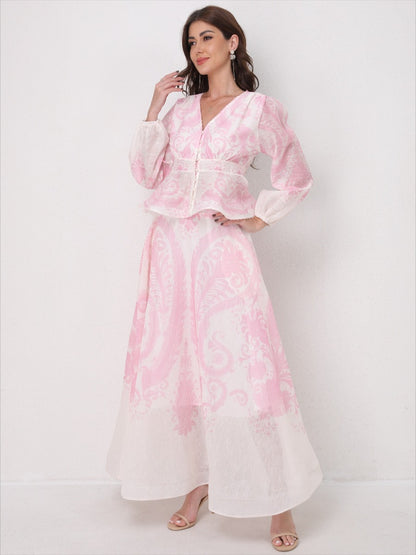 V-Neck Beaded Ruffle Top Midi Skirt Set