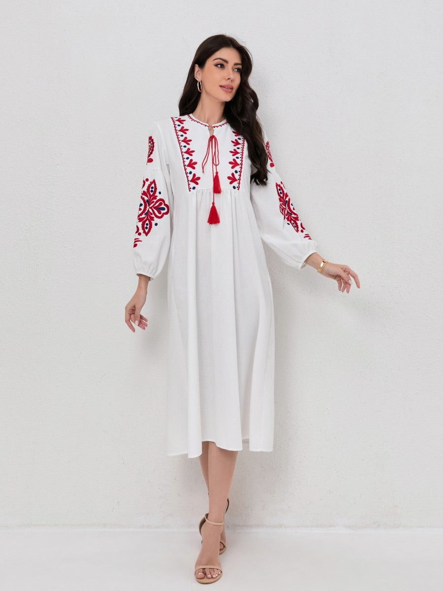 Bohemian Floral Embroidery Lantern Sleeve Dress