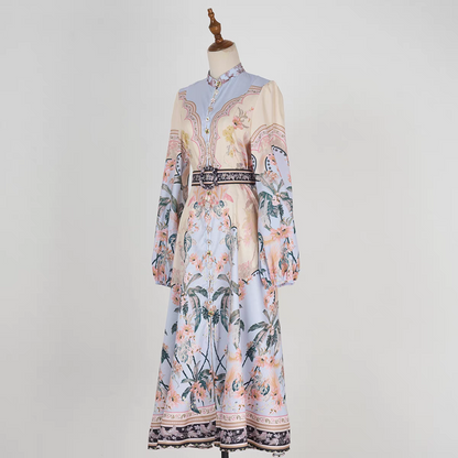 Print Beaded Flower Buttons Dress