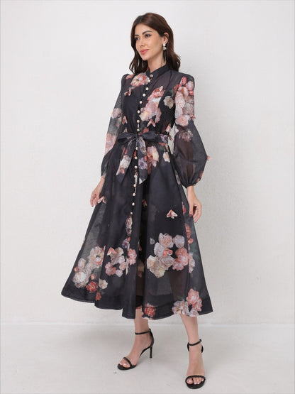 Single Breasted Long Sleeve Florals Maxi Dress