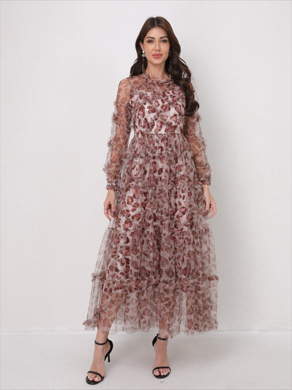 Romantic Tulle Print Ruffled Maxi Dress