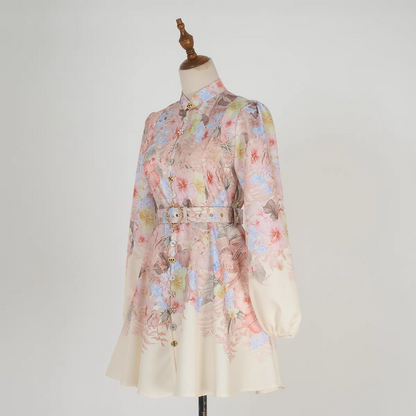 Stand Collar Printed Short Dress