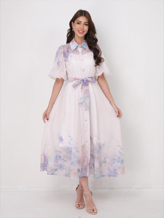 Printed Vacation Dress Tie-Waist Design