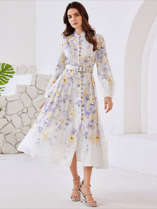 Button Up Lantern Sleeve Midi Dresses