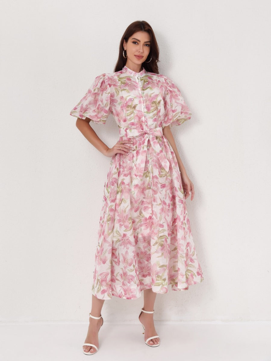 Beaded Short Sleeve Single-Breasted Dresses