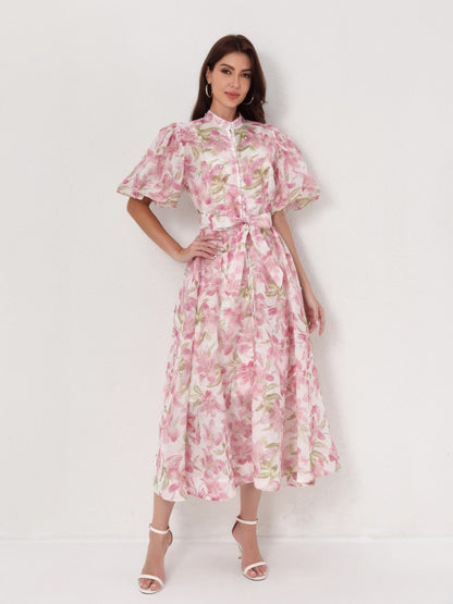 Beaded Short Sleeve Single-Breasted Dresses
