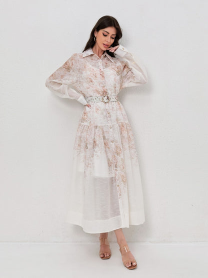 Classic Collared Long Sleeve Belted Print Dresses
