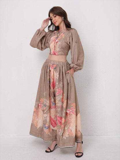 Vacation Floral Print Set Lantern Sleeve Shirt + Midi Skirt