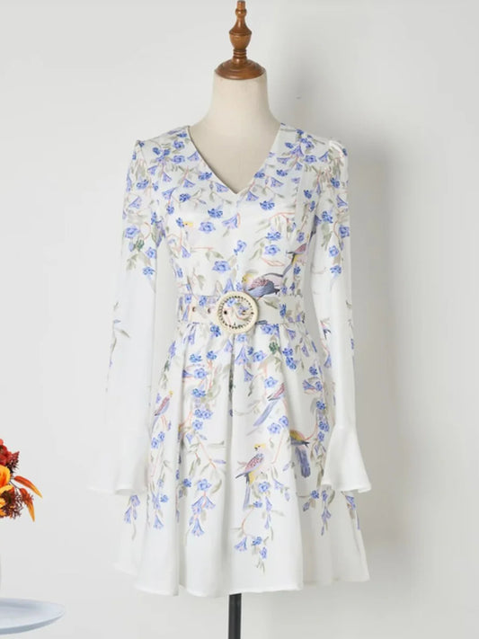 V-neck Flared Sleeve Floral Print Short Dress