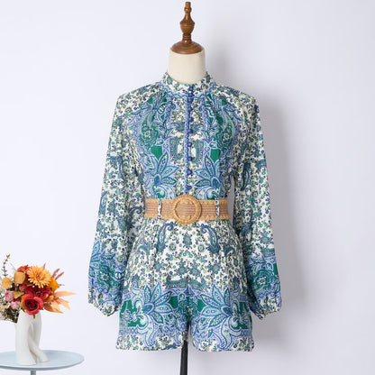 Printed Stand Up Collar Single Breasted Sets