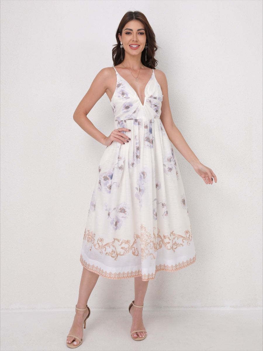 Vintage Printed Straps V-Neck Beach Maxi Dress
