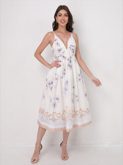 Vintage Printed Straps V-Neck Beach Maxi Dress