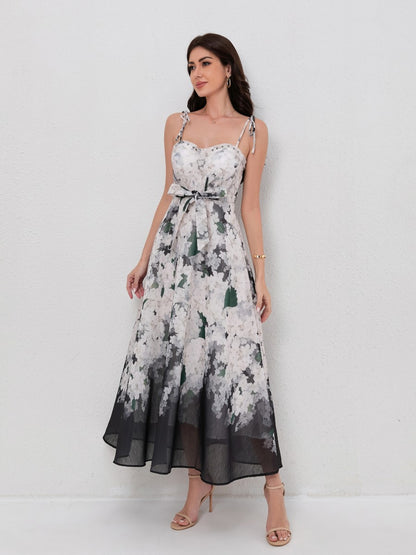 Fashion Print V-Neck Sling Dress with Waist Tie
