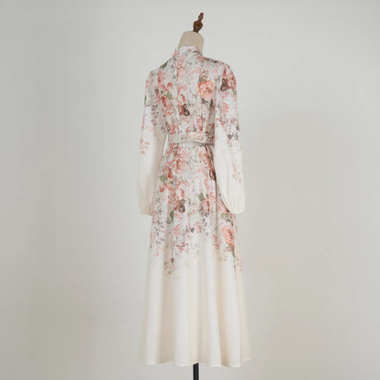 Pink Flower Stand Collar Lantern Sleeve Dress